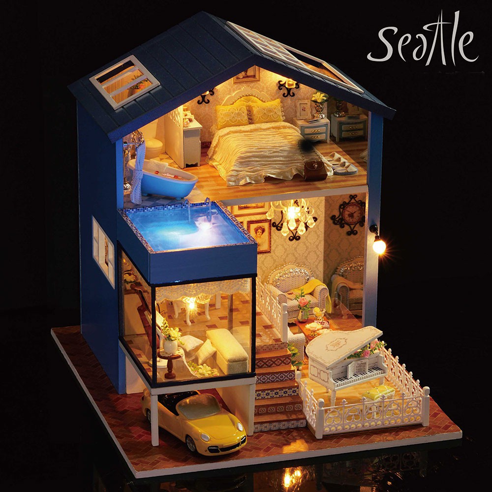 Mô hình nhà búp bê bằng gỗ Mẫu Seattle có Đèn Led Tặng kèm dụng cụ lắp ghép ToyStationVN