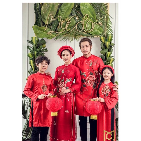 Áo dài gia đình đỏ phú quý áo dài thiết kế tết 2022 đủ áo dài bố áo dài mẹ áo dài bé trai bé gái áo dài size nhỡ