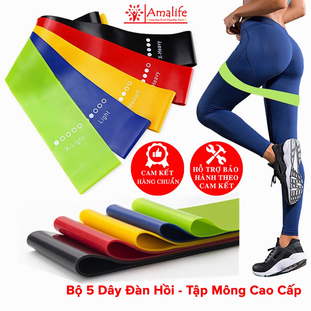 Bộ 5 Dây Đàn Hồi, Dây Kháng Lực Tập Gym Tập Thể Thao Tập Mông Cao Cấp Amalife