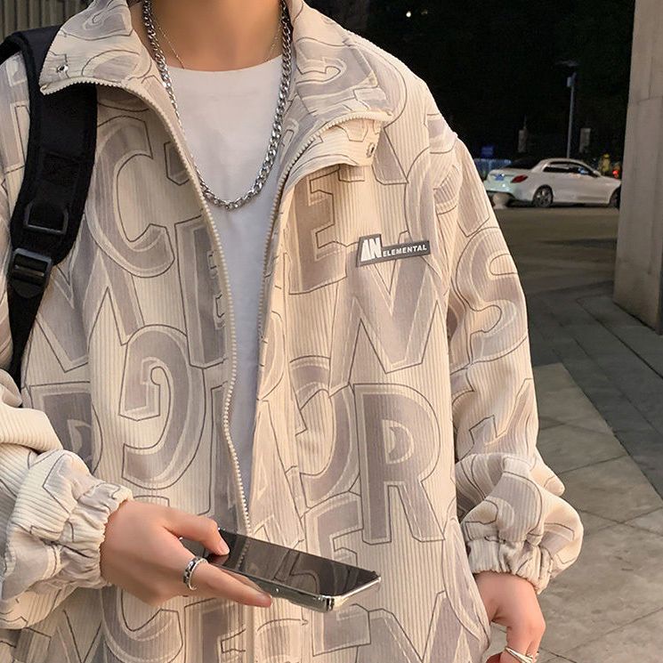 Áo Khoác Nhung Kẻ Dáng Rộng Phối Khóa Kéo In Chữ Thời Trang Mùa Thu Cho Nam Giới