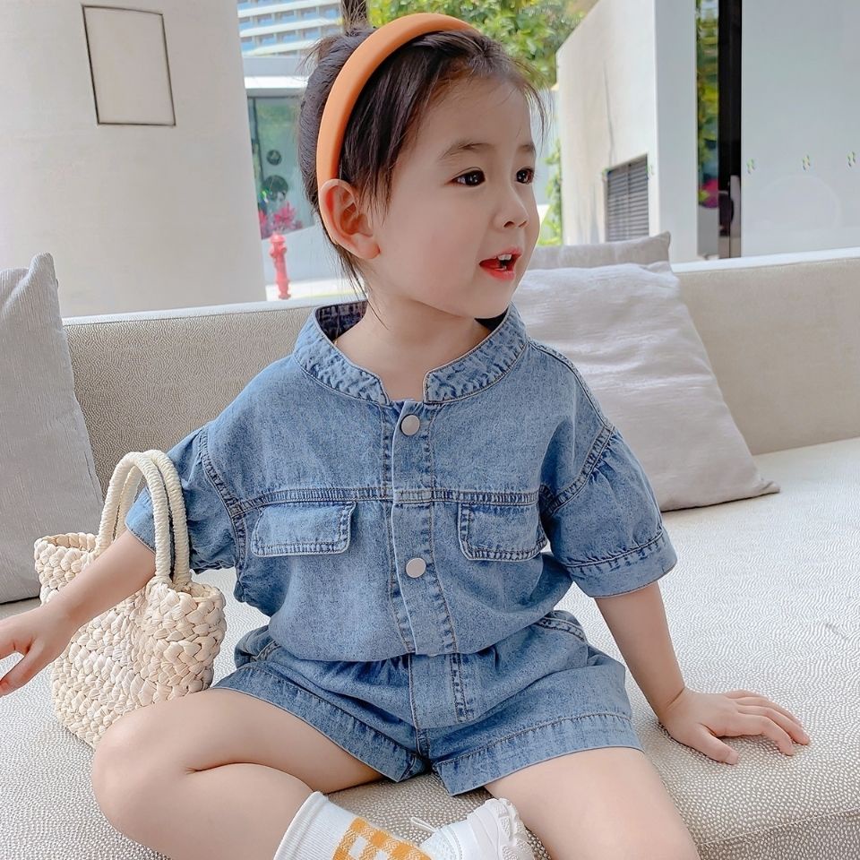 Set Quần Short + Áo Sơ Mi Tay Ngắn Chất Liệu Denim Thời Trang Mùa Hè Mới Cho Bé Gái 2022