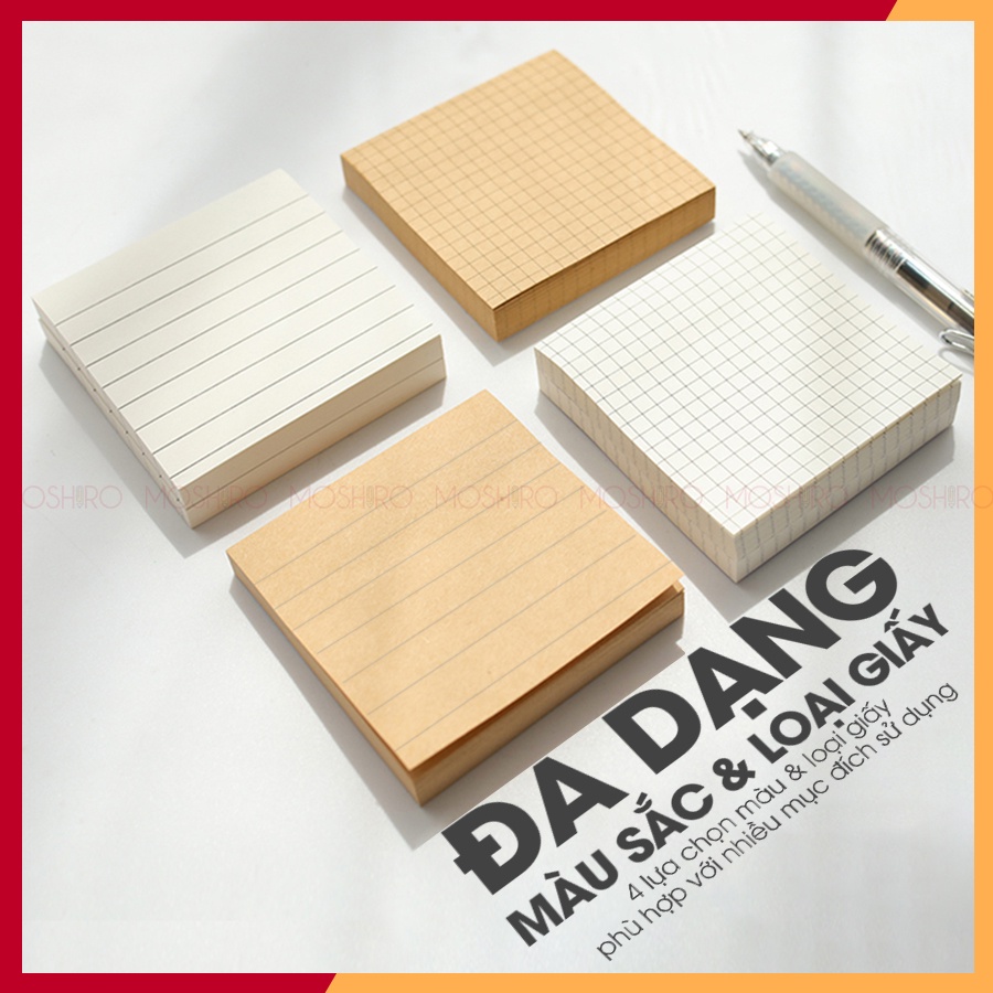 Set 4 Tập 80 tờ giấy ghi chú vuông Moshiro Sticky Note, tự dính, kiểu dáng đơn giản, tiện dụng dùng để lập kế hoạch, học