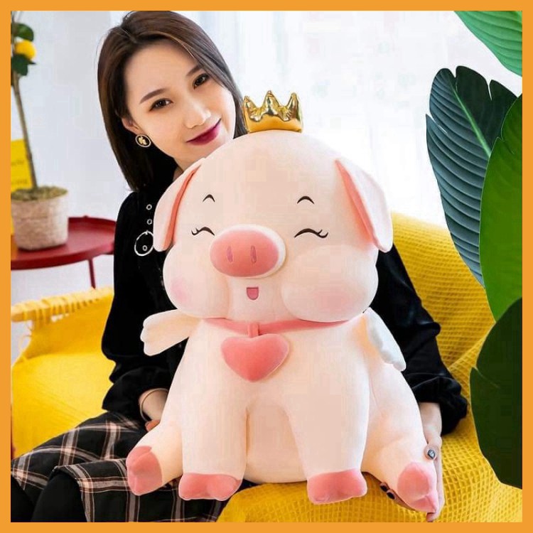 Heo gấu bông to dễ thương cute giá rẻ lợn đội vương miện đeo chuông tim size 55cm 75cm