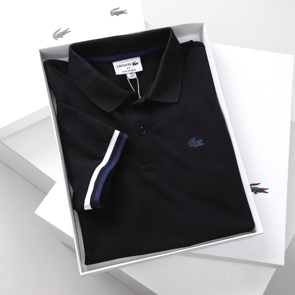 Áo Thun Nam Có Cổ Polo LACOSTE TAY VIỀN TRẮNG vải da cá sấu mịn mát cực xịn - không viền cổ cao cấp 3 màu