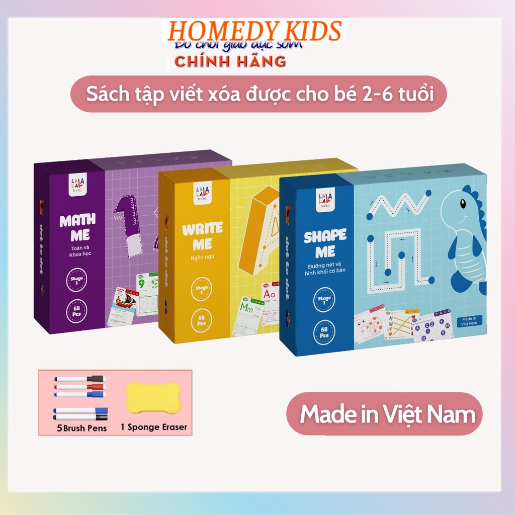 Đồ chơi tập viết cho bé 1-6 tuổi sách tập tô vẽ thông minh xóa được Lalala baby 68 trang kèm bút và mút xóa Homedy Kids