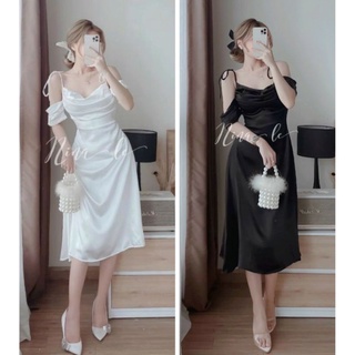 Đầm trắng midi cổ đổ rớt vai quyến rũ sang chảnh dự tiệc