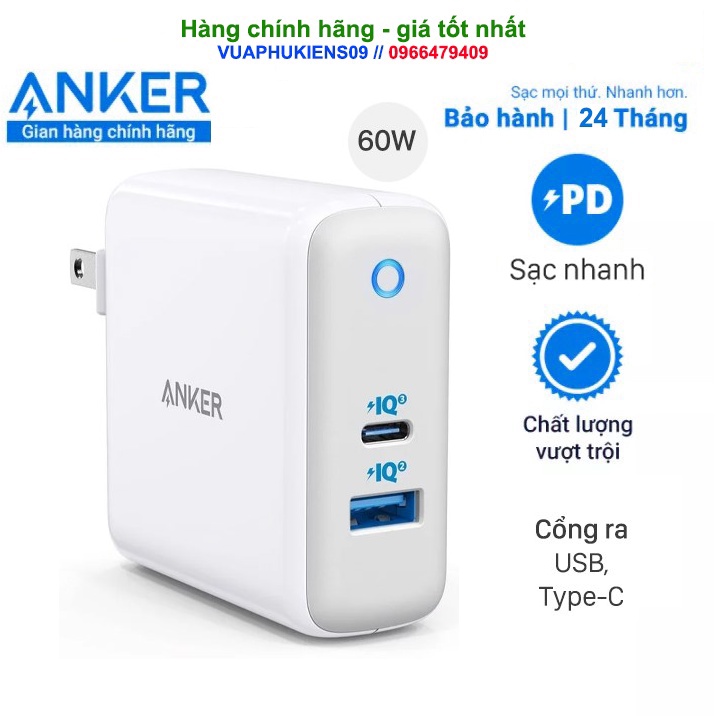 Sạc Anker A2322 PowerPort Atom III 60w 2 Cổng USB + PD3.0 - Bảo hành 2 năm