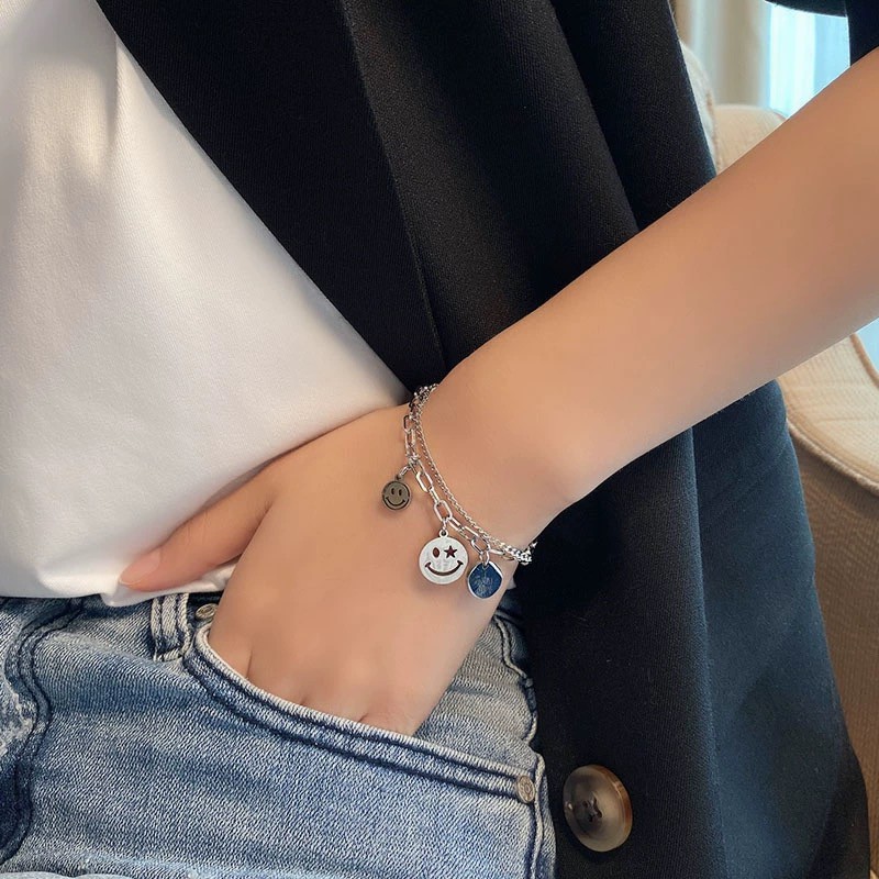 Vòng Tay Hai Lớp Bằng Thép Titan Mạ Vàng Hồng / Bạc / Vàng Hồng 18K Mặt Hình Mặt Cười Phong Cách Hàn Quốc