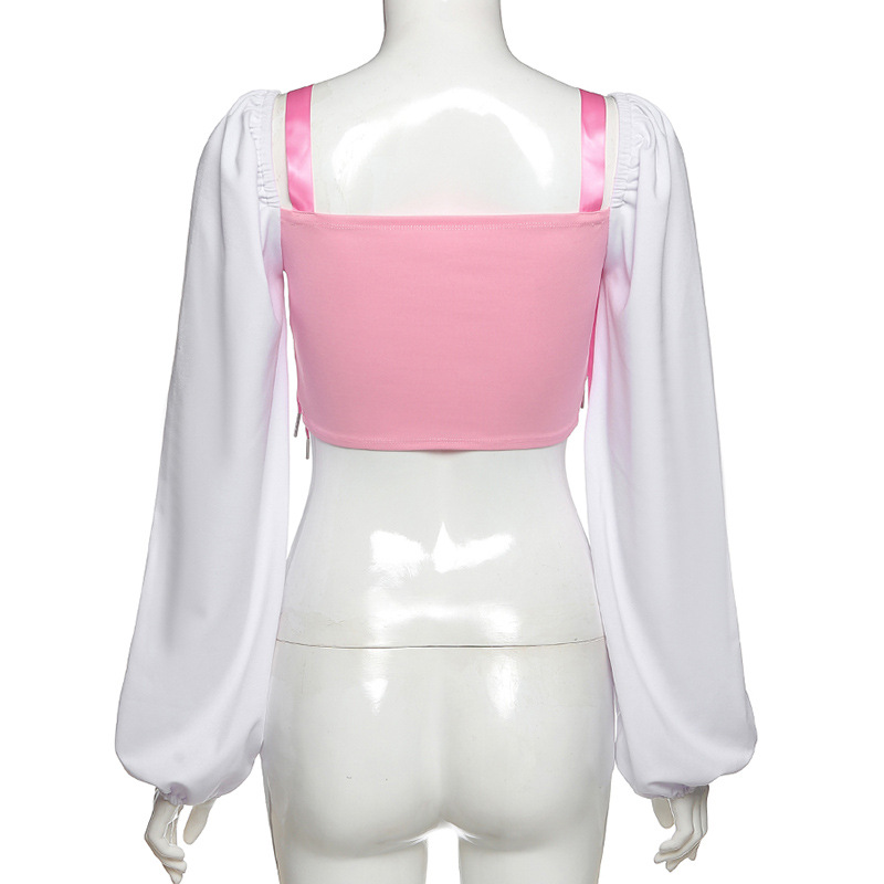 Fashion Women Lace Strap Off Shoulder Crop Top Puff Long Sleeve Casual Daily Tshirt