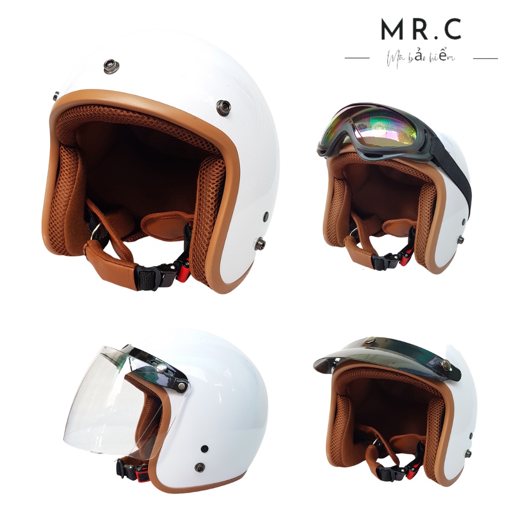 Mũ Bảo Hiểm Classic 3/4 đầu ( MÀU TRẮNG BÓNG ) Lót Nâu - Hàng Như Hình 100%
