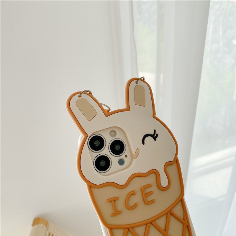For Samsung Galaxy S22 S21 S20 S10 S9 S8 Plus S21FE S20FE Note 20 10 9 8 3D Ice cream rabbit cartoon mobile phone case with lanyard