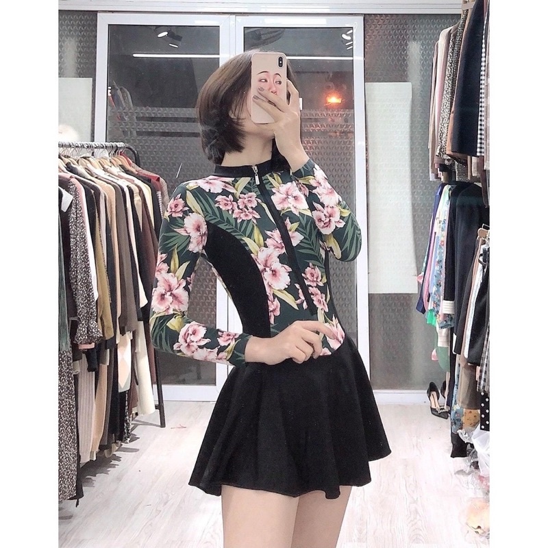 Bikini đồ bơi đi biển một mảnh dây kéo trước phối hoa tay dài form váy có quần lót BIKINISUNSHINE MS-P018