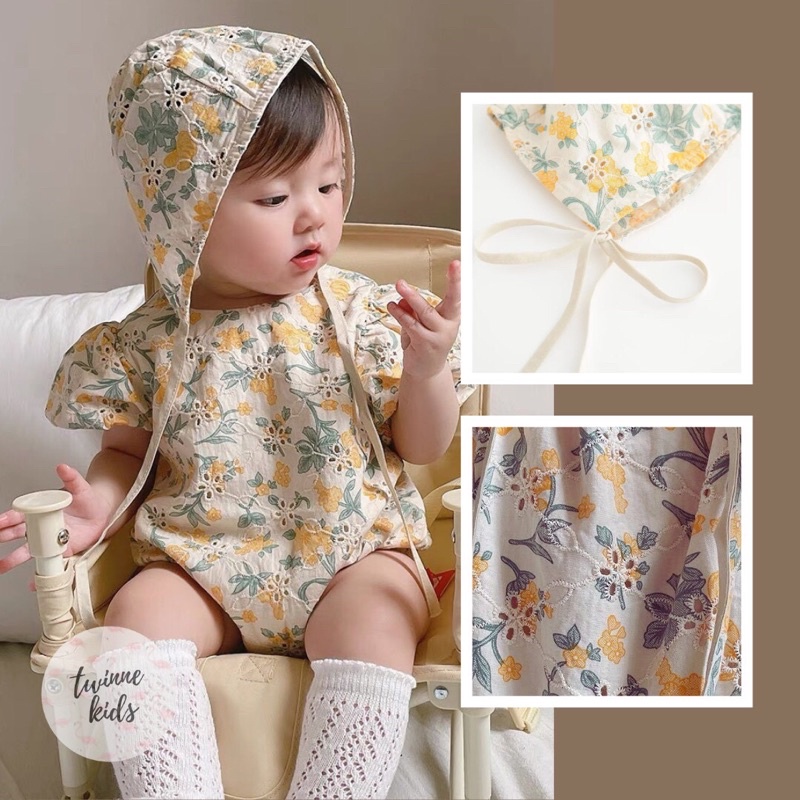 Bộ đồ liền thân hoạ tiết hoa vàng (kèm mũ), romper sơ sinh chất chất liệu cotton có lót bé gái dưới 0-24 tháng