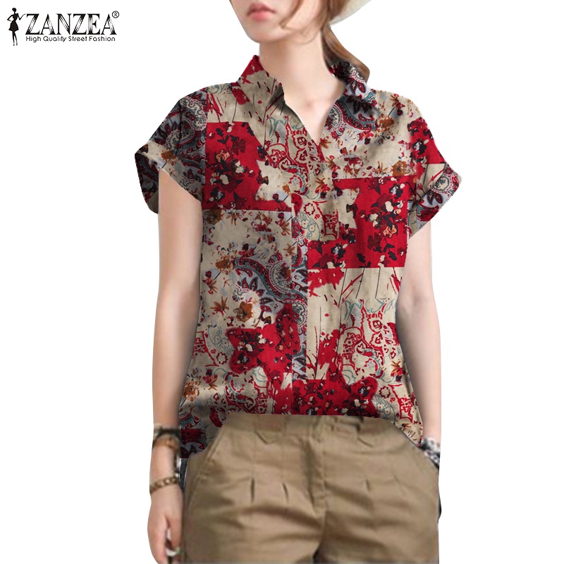 Áo sơ mi ZANZEA tay ngắn cổ bẻ in họa tiết vintage thời trang dành cho nữ