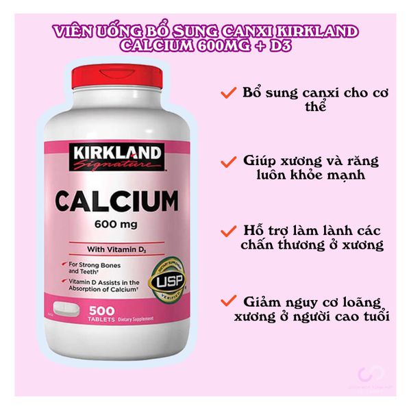 Viên uống Canxi Kirkland Calcium 600mg + D3 hộp 500 viên của Mỹ