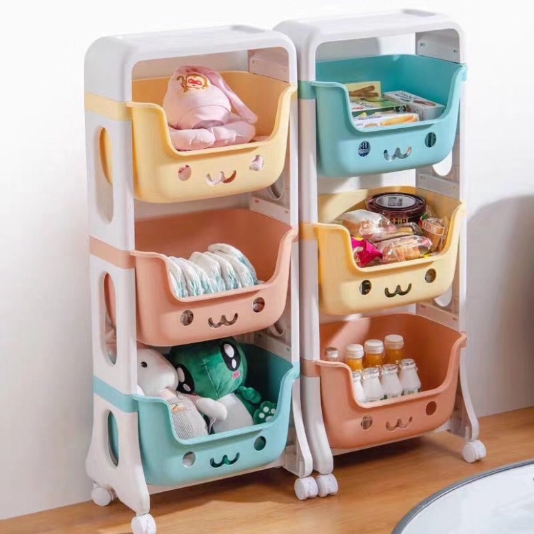 Kệ đựng đồ chơi cho bé rèn tính gọn gàng đồ bỉm sữa đồ dùng trẻ em 3-4 tầng đa năng có bánh xe nhựa PE an toàn