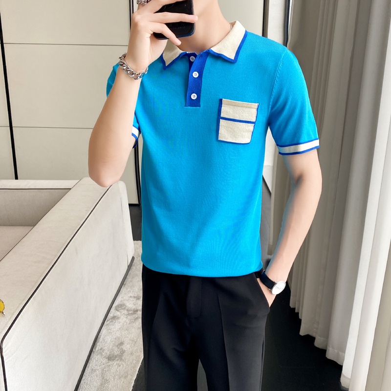 Áo Thun POLO Dệt Kim Tay Ngắn Có Túi Màu Sắc Tương Phản Dành Cho Nam
