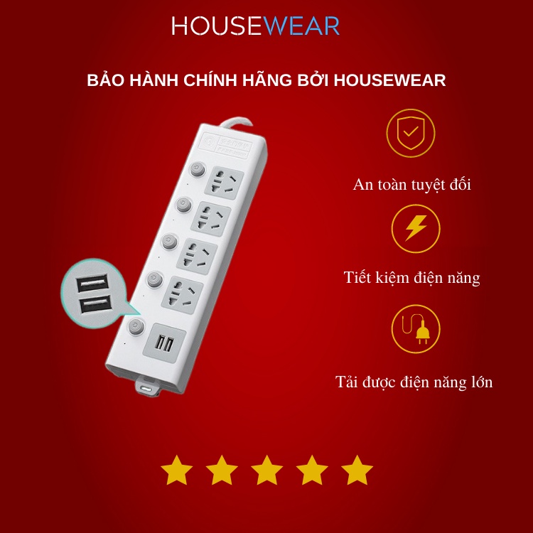 Ổ Cắm Điện Đa Năng Thông Minh HOUSEWEAR 2 Cổng USB 5v Sạc Nhanh, Chịu Tải 2500W, Tiết Kiệm 30 kilowatt H Dây Nối 2,5m