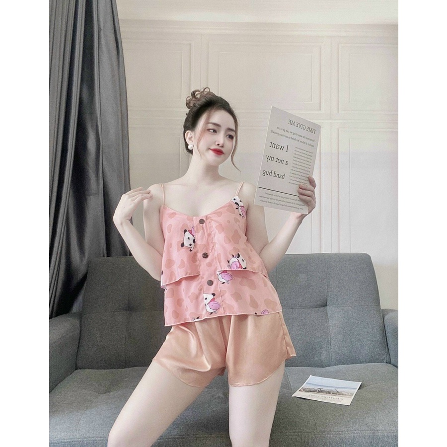 Đồ bộ mặc nhà 2 dây họa tiết hottrend, quần short chất lụa satin mềm, đẹp, mát, phom dưới 58kg- tùy chiều cao | BigBuy360 - bigbuy360.vn