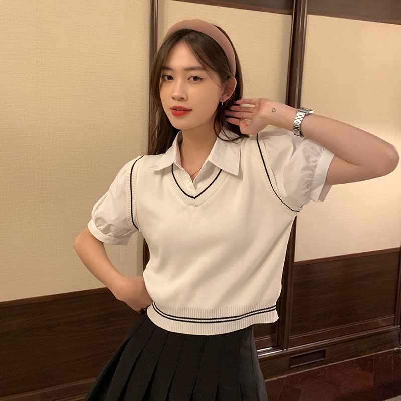 Áo kiểu ZHELIHANGFEI giả hai lớp tay ngắn cổ polo kết hợp màu sắc tương phản thời trang độc đáo