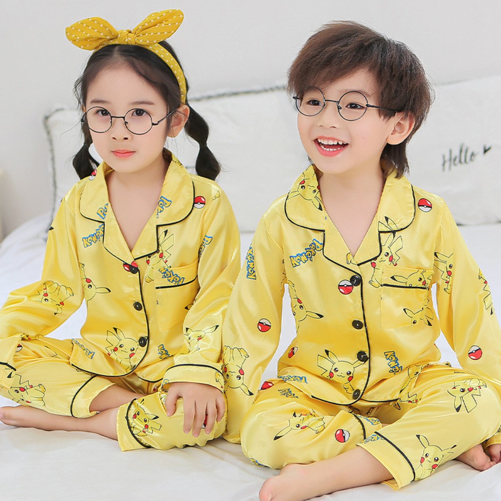 Đồ Ngủ Pijama Lụa In Pikachu Cực Xinh Cho Bé Trai Bé Mặc Đều Xinh, Đồ Bộ Pijama Hình Cho Bé Từ 6-28Kg - SUMO KIDS