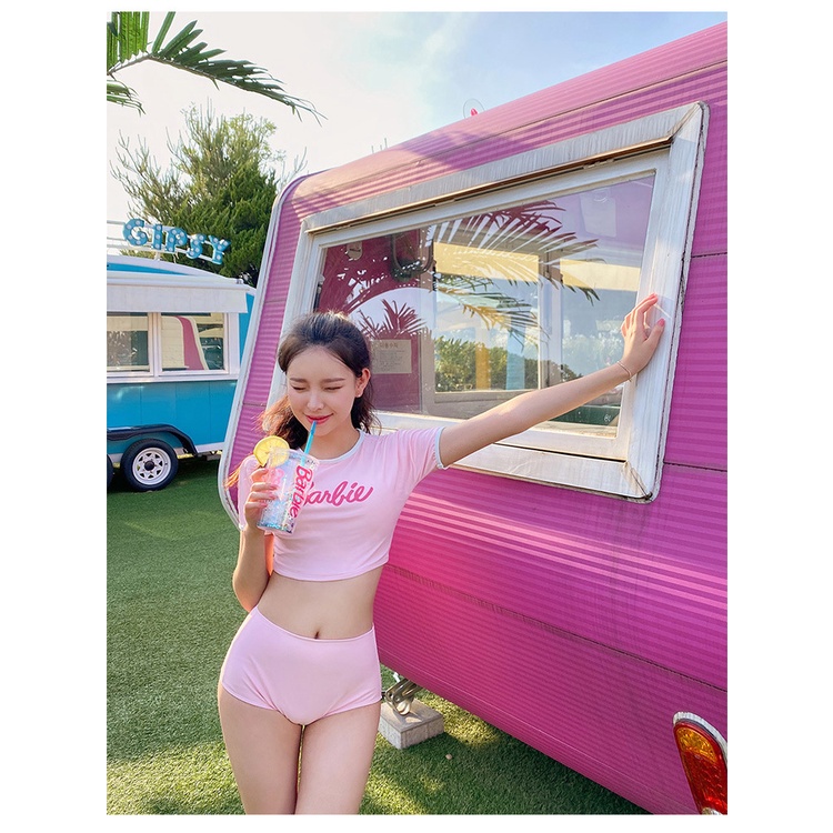 Đồ bơi nữ vải bơi cao cấp 3 mảnh màu hồng Barbie dễ thương Hàn Quốc, đồ đi biển, chống UV, giữ nhiệt xịn