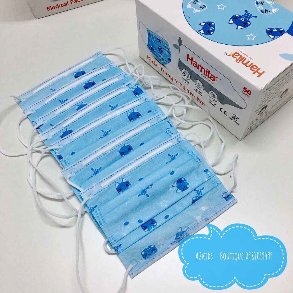 Khẩu Trang Y Tế 3 Lớp Kháng Khuẩn Cao Cấp Hàn Quốc Hamita Hoạ Tiết Mèo Con An Toàn Cho Bé