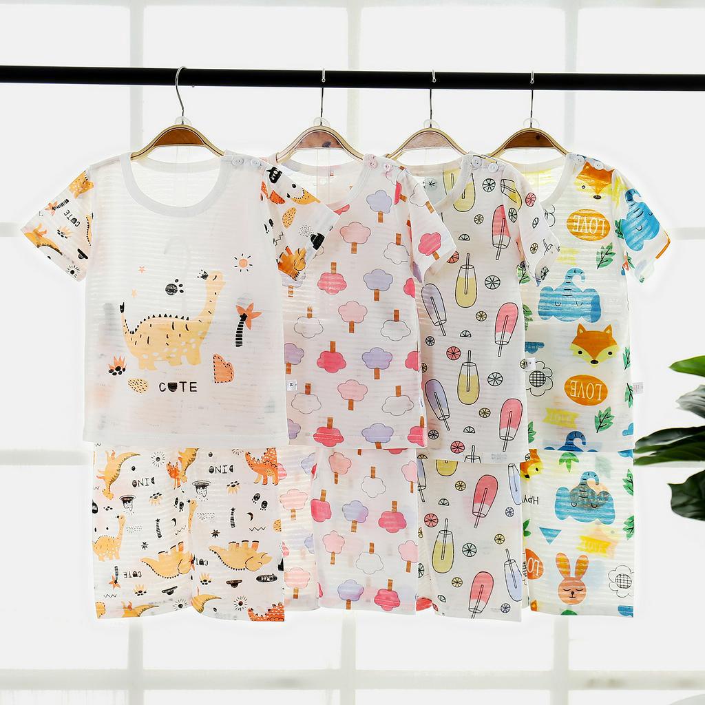 Set Đồ Ngủ 2 Món Gồm Áo Tay Cộc In Hoạt Hình + Quần Cotton Thoáng Khí Cho Bé Sơ Sinh