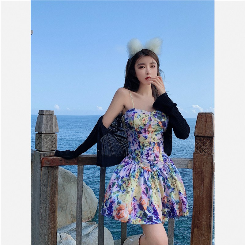 Đầm nữ đầm dáng xòe, đầm hoa hai dây sexy