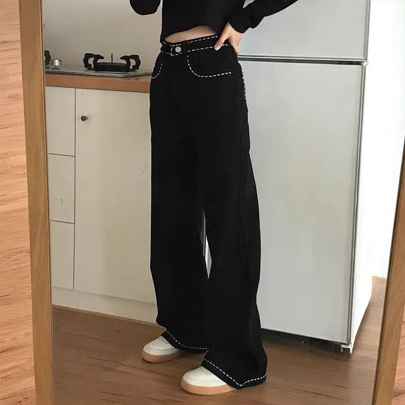 7729 | Quần Jeans Đen Túi Thêu Hoa Nữ Tính Ống Rộng May Thêu Viền Nổi Độc Đáo