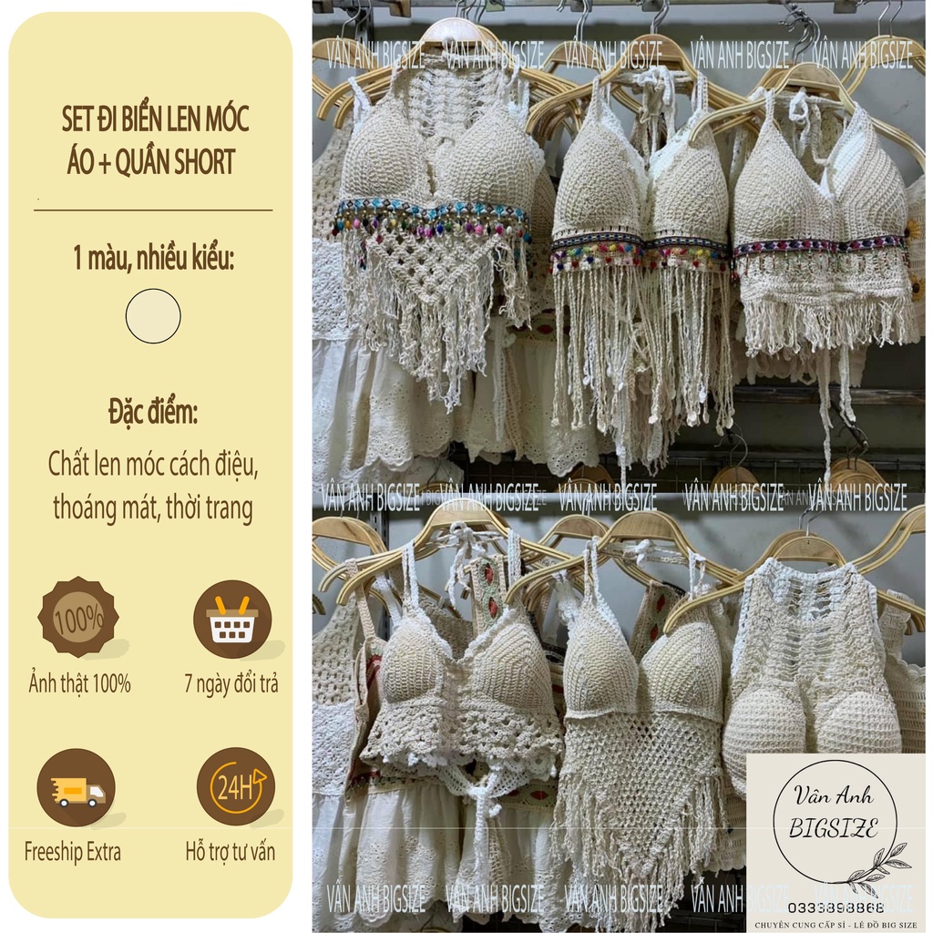 Set Đi Biển Áo Bralette Và Quần Short (Có Bigsize) Chất Liệu Len Móc Sành Điệu Kiểu Thổ Cẩm