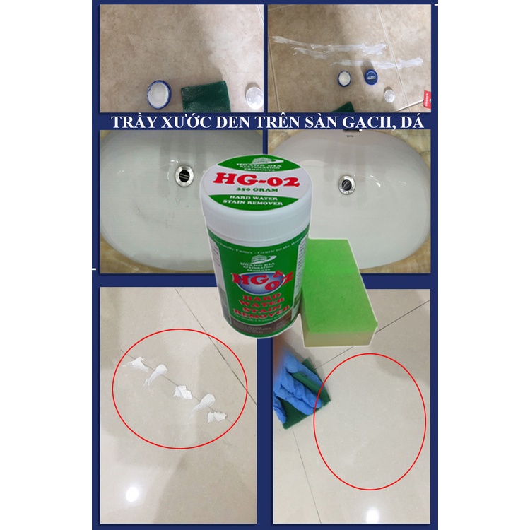 Bột Tẩy vết trầy xước ố đen, rỉ bám trên sàn gạch bóng kính bằng bột tẩy HG02 STAIN HANDWATER REMOVER
