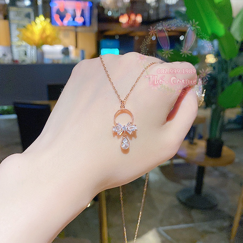 Dây chuyền Vòng cổ hình Nơ Giọt nước TITAN màu Rose Gold  đính đá cao cấp