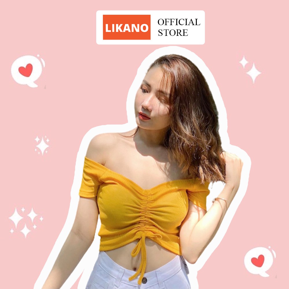 Áo croptop nữ trễ vai kiểu ôm tay ngắn, áo crt ôm body rút dây sexy LIKANO CRT20