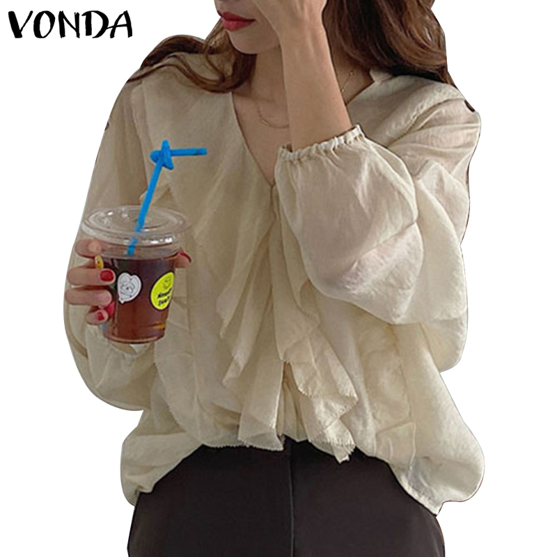 Áo VONDA tay dài cổ chữ V kiểu xếp ly viền bèo nữ tính phong cách Hàn Quốc cho nữ
