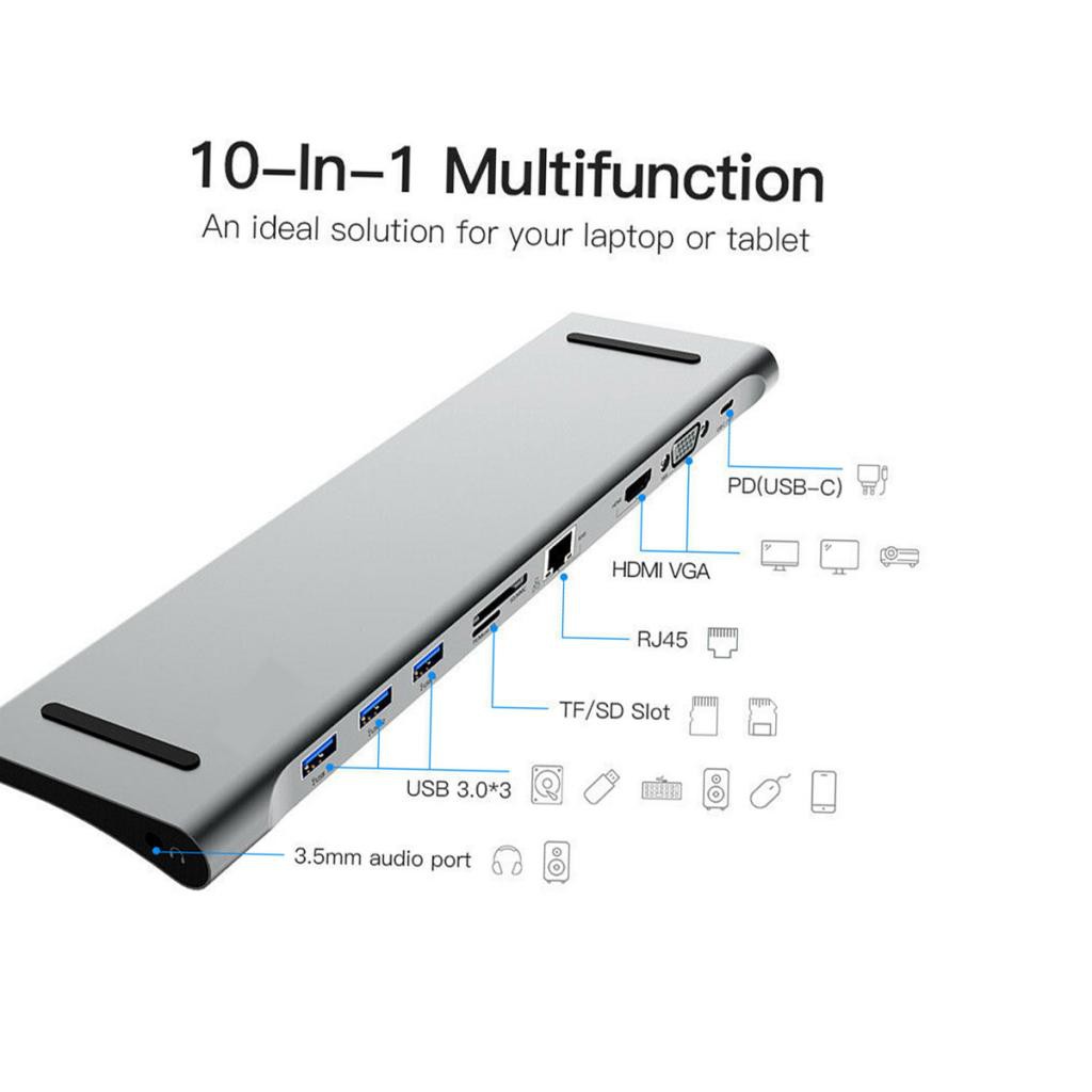 10 trong 1 HUB 4K USB Type C đến USB 3.0 TF HDMI VGA RJ45 Mini DP Docking Station cho MacBook cho Huawei
