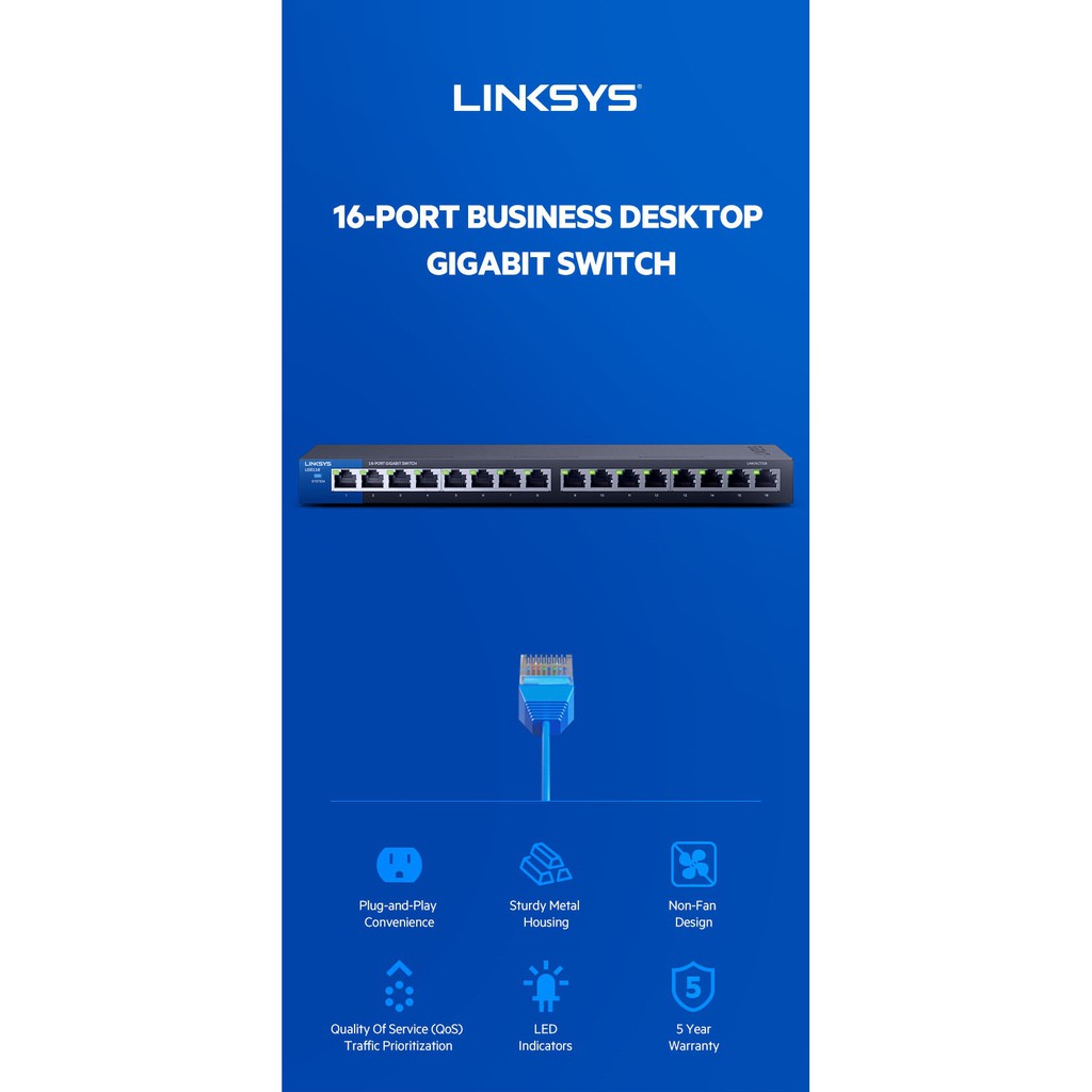 Thiết Bị Chia Mạng Linksys Switch LGS116-AP Unmanaged 16-Port Business Gigabit