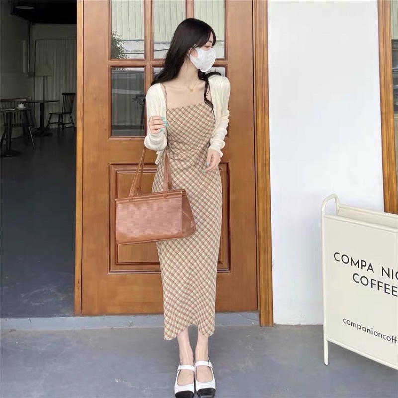 🌸 Váy 2 dây kẻ caro + áo khoác siu xinkk COÁ ẢNH THẬT