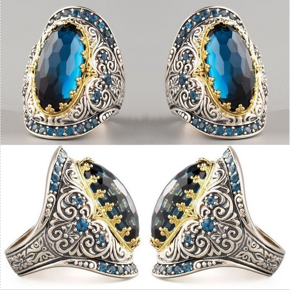 Nhẫn thép không gỉ đính đá Sapphire phong cách cổ điển