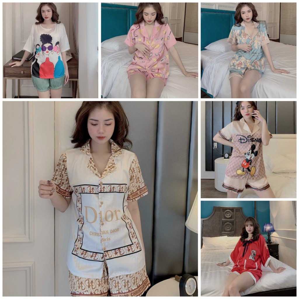 Đồ mặc nhà Vic's tay cộc quần ngắn - Bộ đồ ngủ lụa Latin kiểu pijama nữ hoạt tiế sang trọng L221