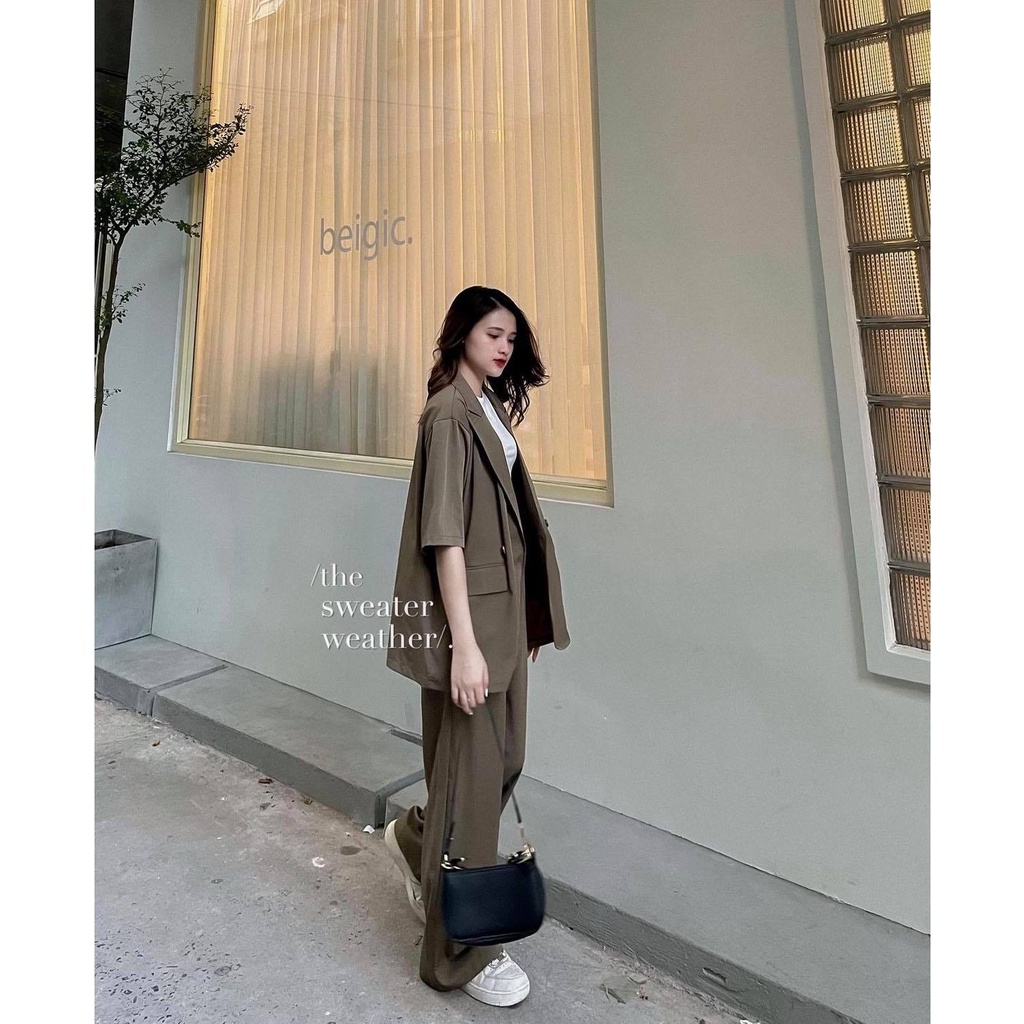 Set áo Blazer Dài Nữ 🍓 Bộ áo choàng quần dài suông chất đũi mịn dày phong cách công sở Hàn Quốc Ulzzang 🍓