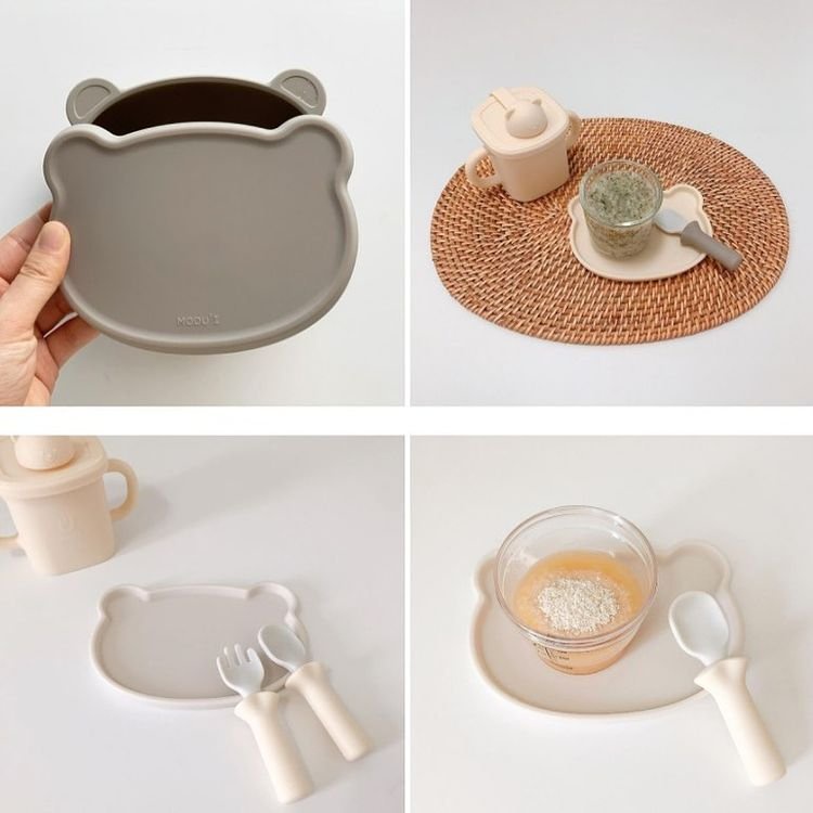 Nắp kiêm đĩa ăn dặm hình gấu Silicon cao cấp FOOD PLATE chính hãng Bluemama an toàn cho bé