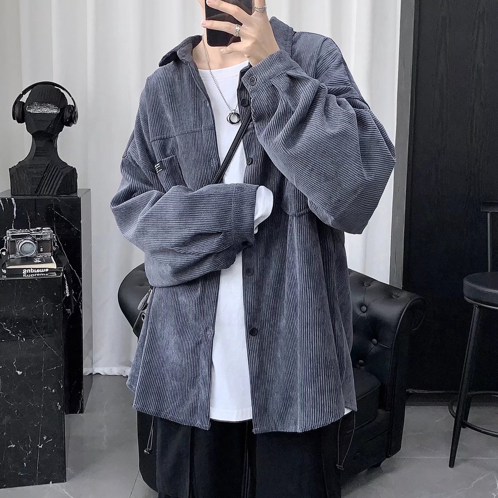 Áo nhung Áo sơ mi kaki vải nhung tăm Áo Sơ Mi Trơn Tay Dài Dáng Rộng Kẻ Sọc Đơn Giản Thời Trang Cho Nam Giới áo màu trơn