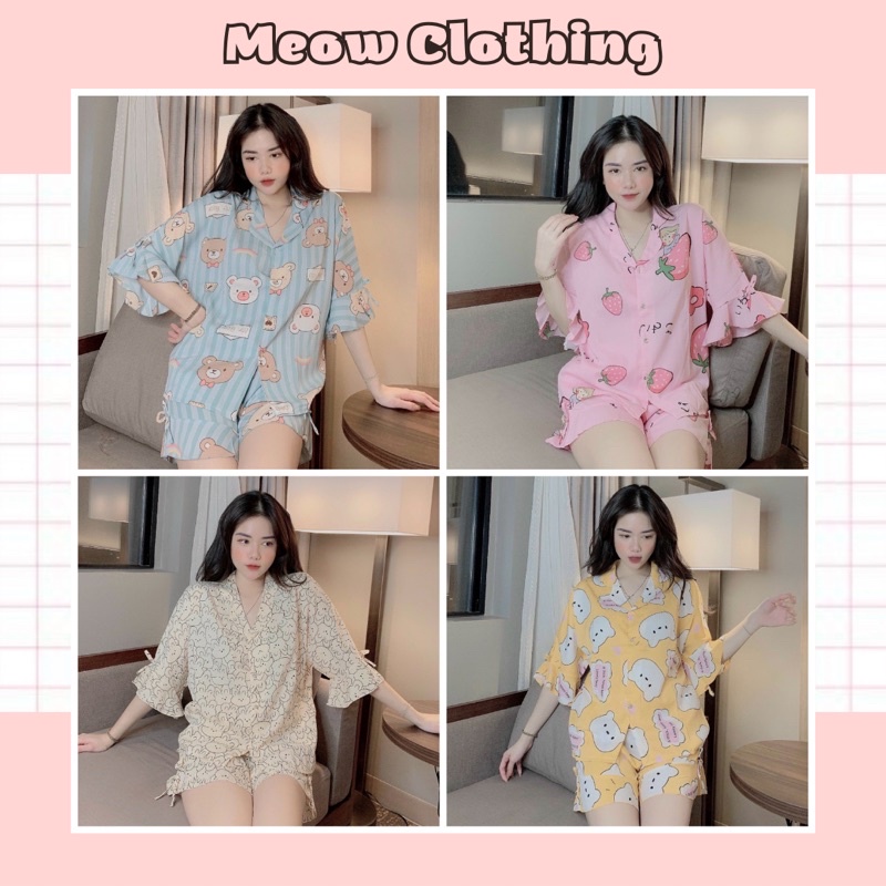 Đồ Bộ Mặc Nhà Pijama Tay Loe Quần Đùi Chất Liệu Mango Mềm Mịn Mát - Meow Clothing