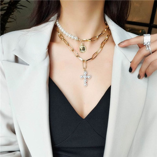 DDFI - European Creative Simple Hip Hop Chain Pearl Stitching Cross Double Necklace D3D07