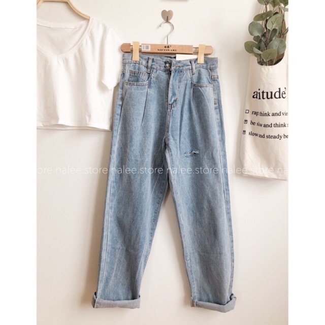 quần baggy bò trơn rạch đùi