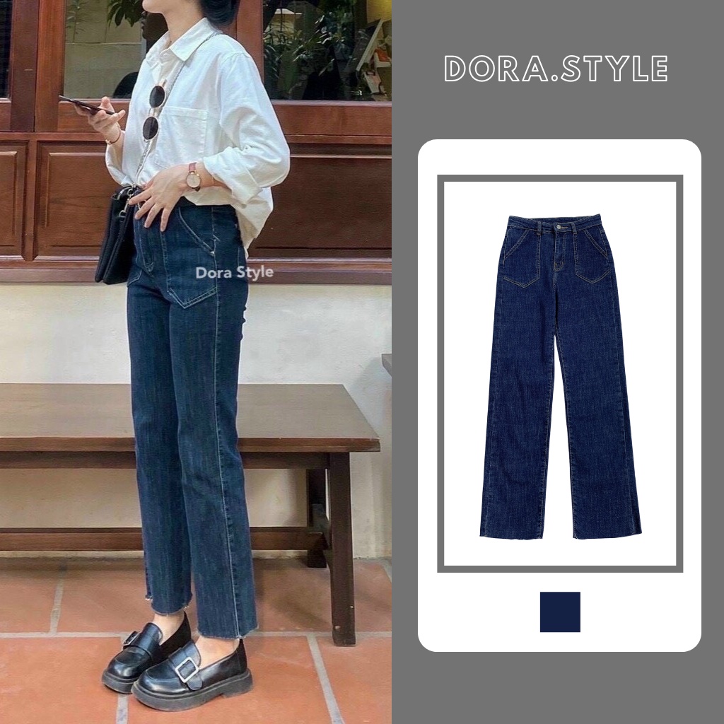 Quần bò ống rộng quần jean bò ống đứng jeans nữ cạp cao ống đứng phong cách Hàn Quốc Dora Style
