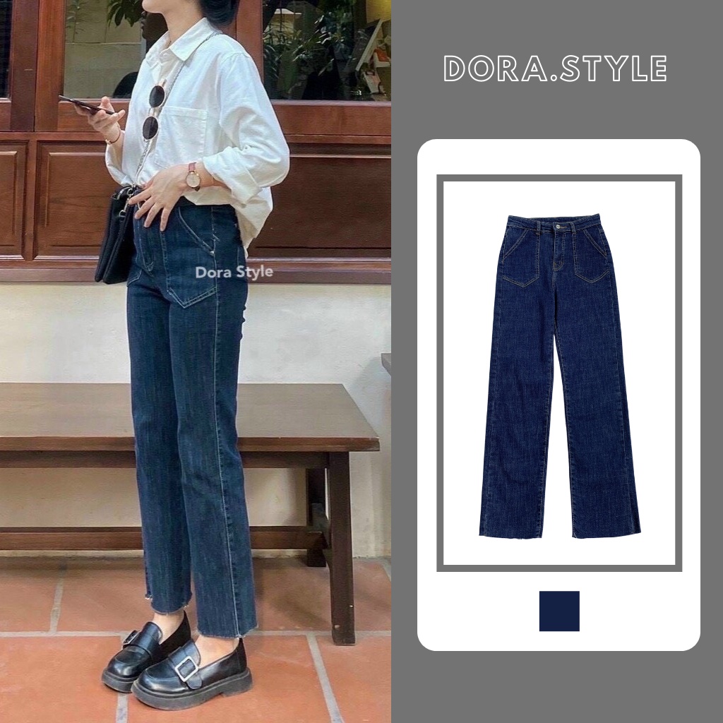 Quần bò ống rộng quần jean bò ống đứng jeans nữ cạp cao ống đứng phong cách Hàn Quốc Q9013 Dora Style