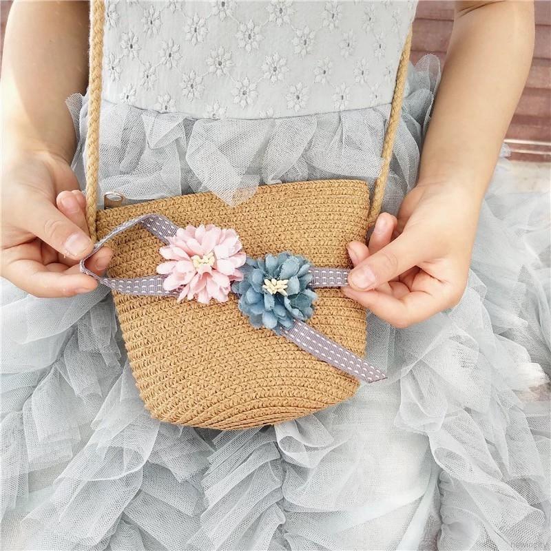 Túi rơm đeo vai đính hoa và dây ruy băng nhiều màu sắc phong cách Hàn Quốc cho bé gái