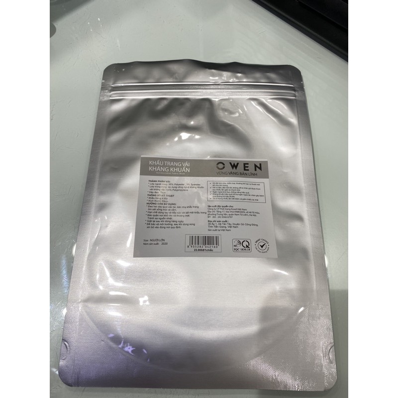 Khẩu trang vải kháng khuẩn Owen cao cấp KTHQK5 TÁI SỬ DỤNG THÂN THIỆN VỚI MÔI TRƯỜNG (1 túi zip/1 chiếc) | BigBuy360 - bigbuy360.vn